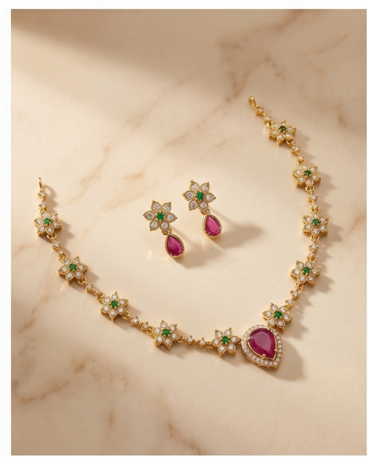 Flower and Drop stone Necklace with Earrings (NRW18)
