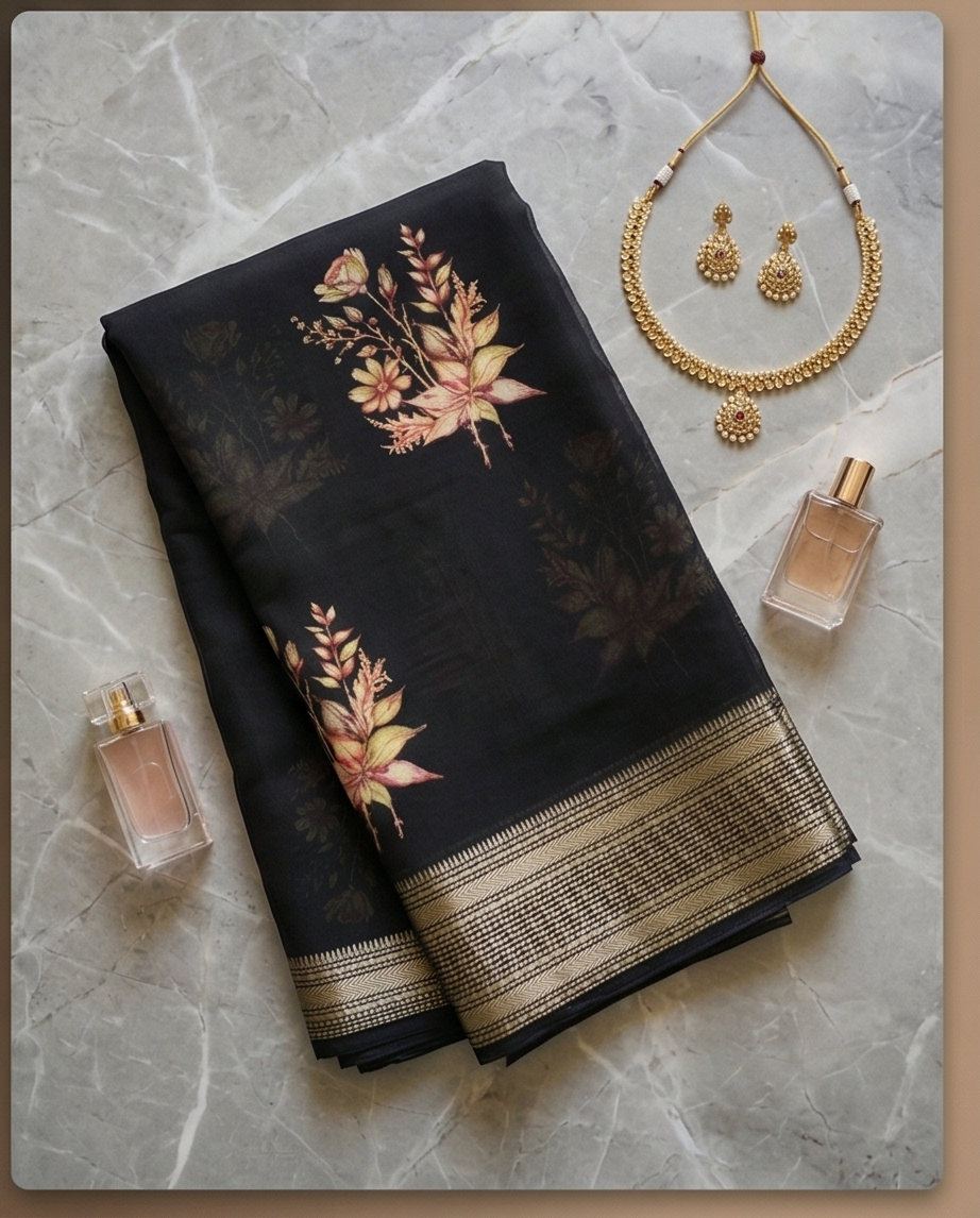 Black Floral Synthetic Saree (SR-SP15)
