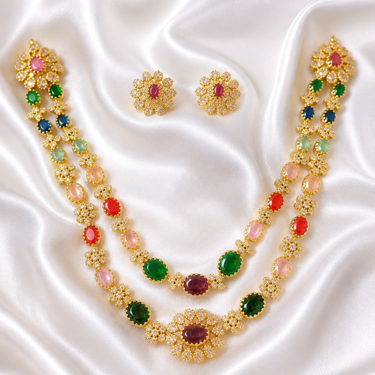 Navratna-Inspired multi gem layered necklace with Earrings (NRW-61)
