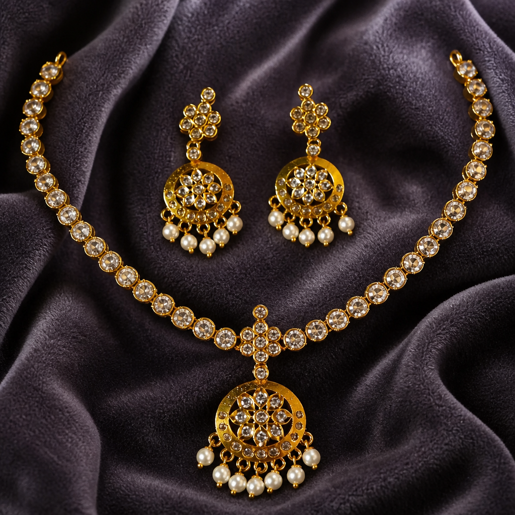 Traditional white stone Necklace with Earrings (NRW-67)