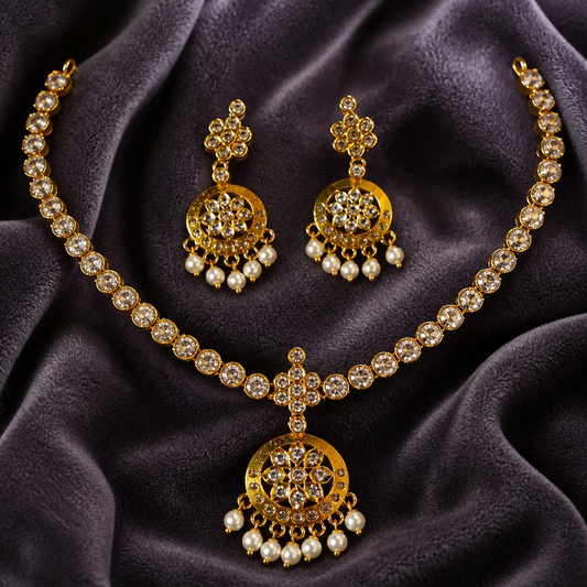 Traditional white stone Necklace with Earrings (NRW-67)