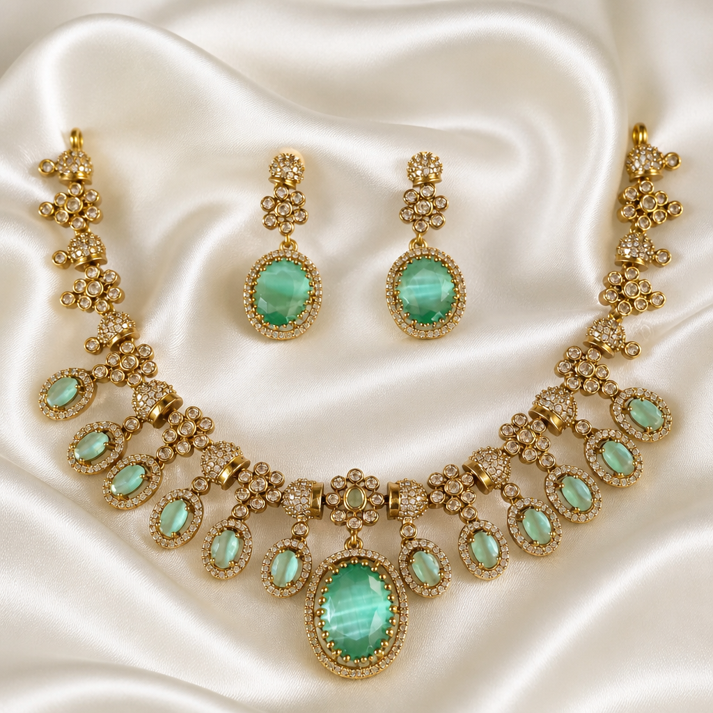 Traditional mint stone necklace with Earrings (NRW-64)