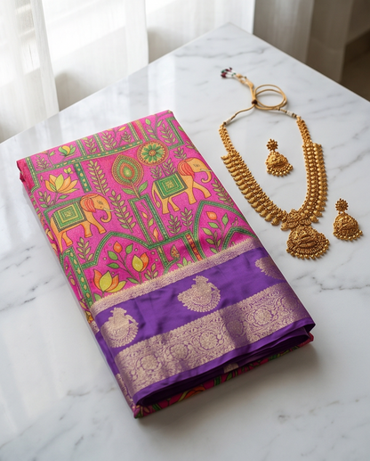 Kalamkari-Nandi design-Pink with Purple(SR-MSP18)