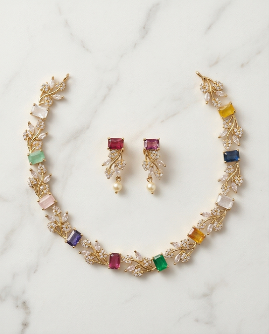 Navratna with white stone Necklace with Earrings (NRW27)