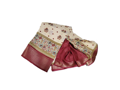 Soft Weave Saree – with Elephant Motifs - SR-PSMP61-Cream & Maroon