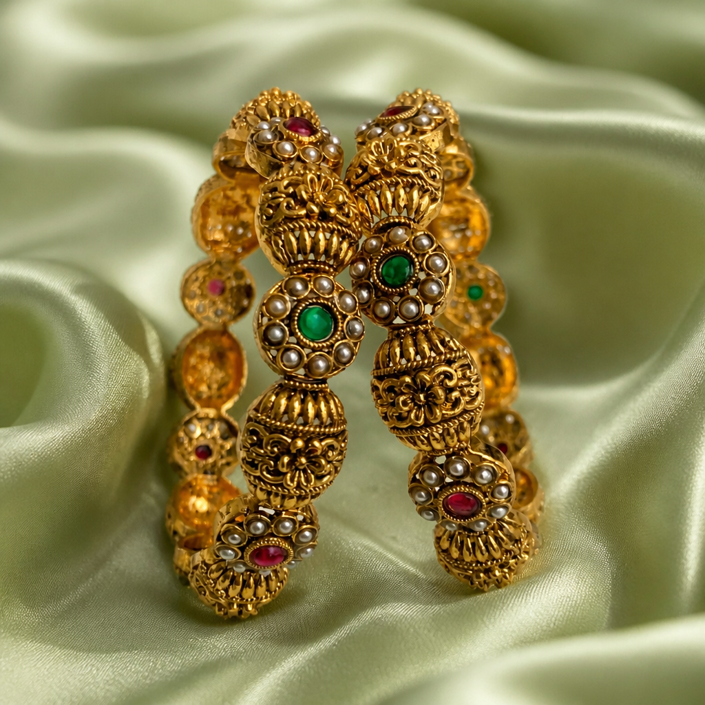 Pushparaga pearl and stone Heritage Bangles - NRW-121