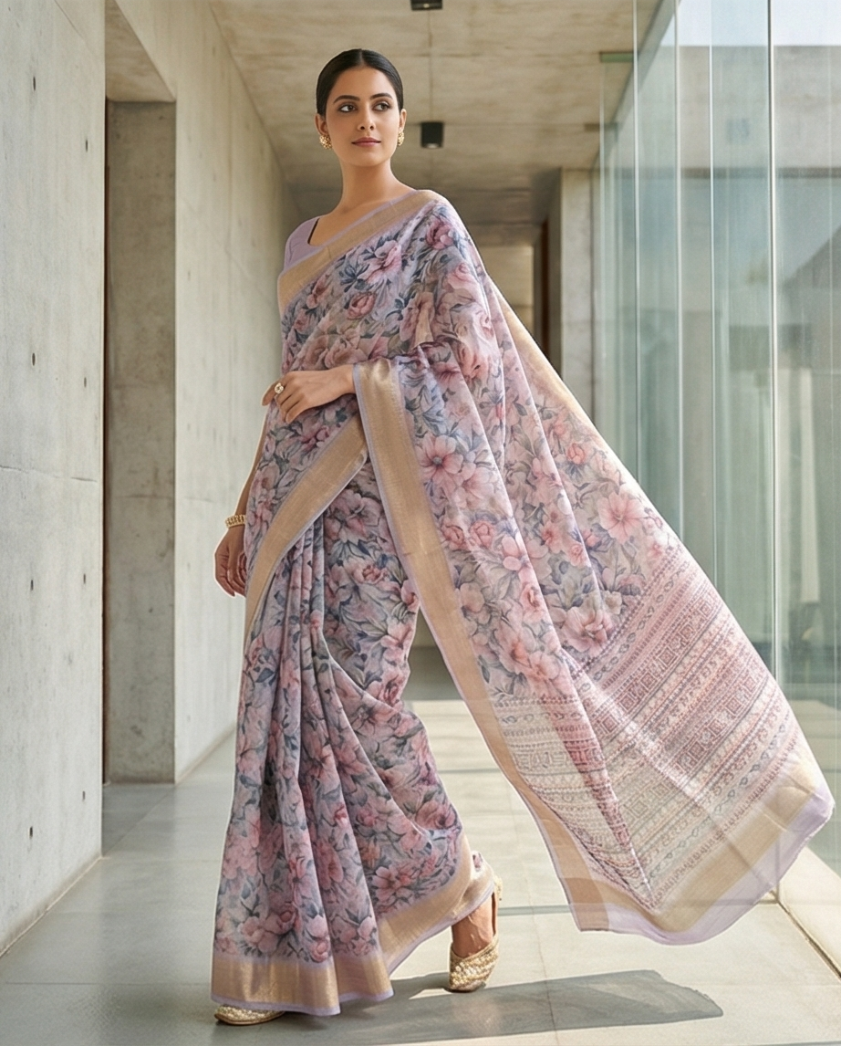 Grey Floral Synthetic Saree (SR-SP5)