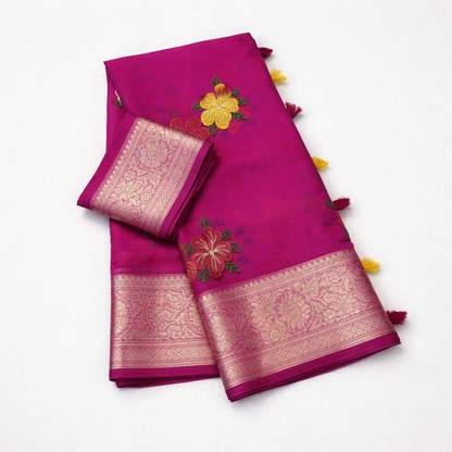 Organza Silk Saree with Multicolour Floral Embroidery & Gold Zari Border - SR-DFP3-Pink