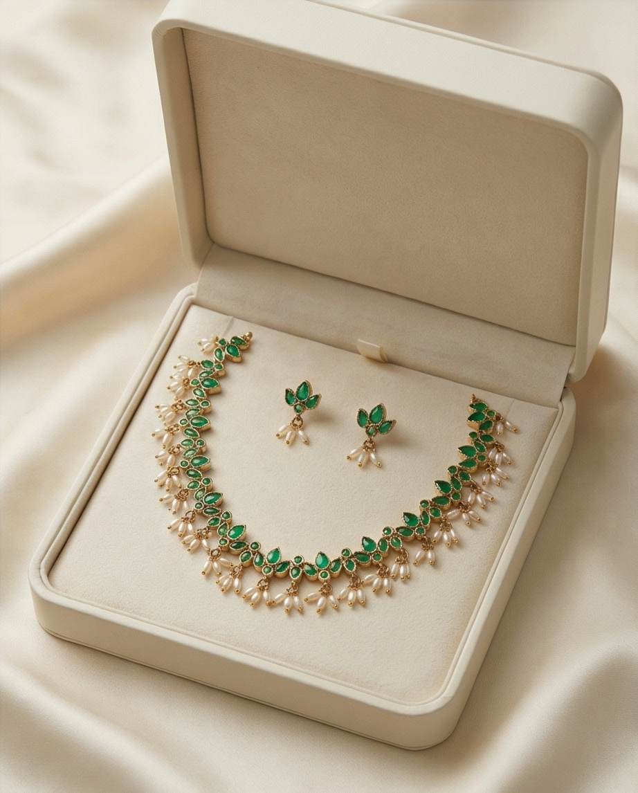 Emerald green stone with pearl rice beads Necklace with Earrings (NRW20)
