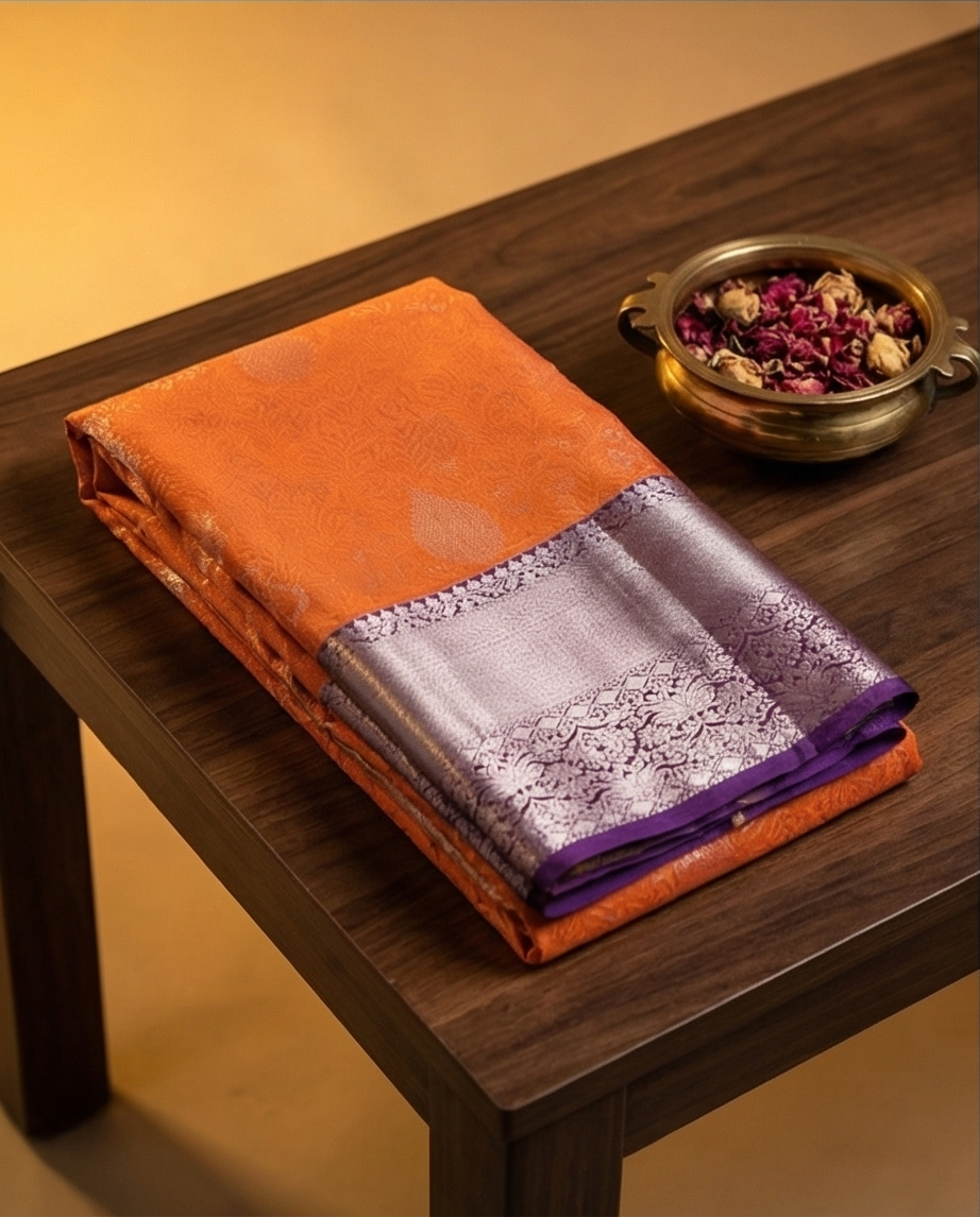 Orange Pure Kanchipuram Silk Saree with Silver‑Purple Zari Border & Intricate Floral Weave - SR-MSP31