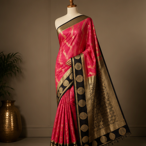 Crepe silk -Pink with Black(SR-MSP35)