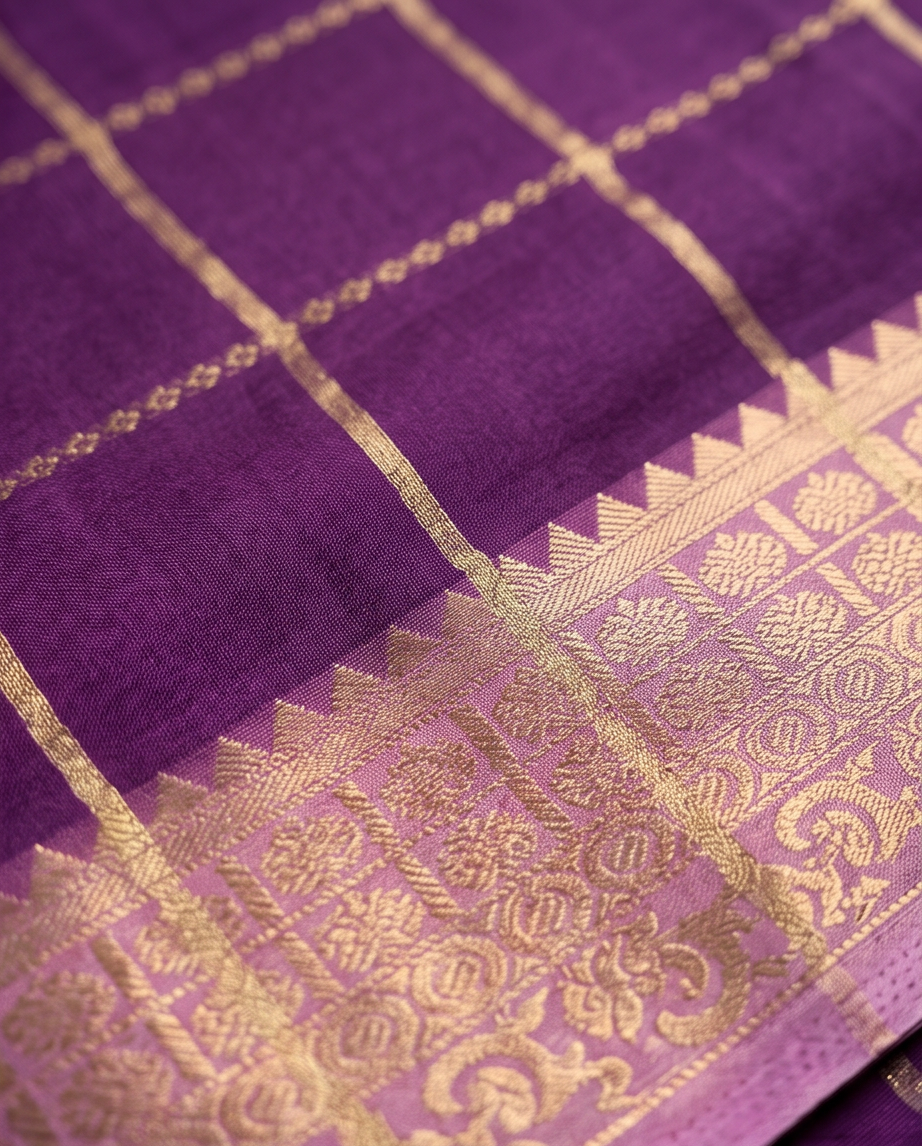 Classic Checkered Silk Saree with Grand Zari Border-purple with lavender (SR-PSMP29)