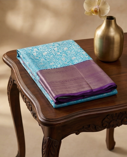 Blue Pure Kanchipuram Silk Saree with Silver Floral Brocade & Deep Purple Zari Border - SR-MSP32