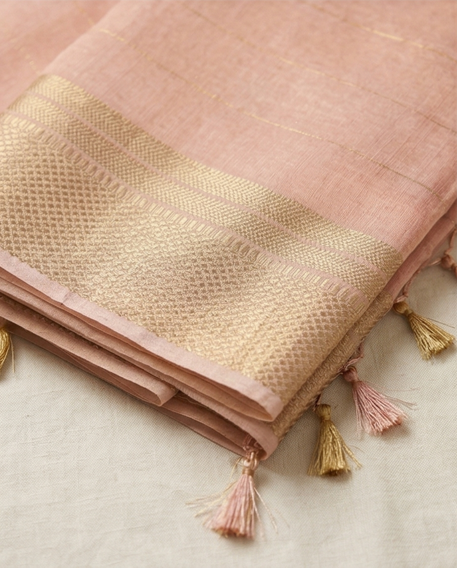 Light Pink Golden Checks Border Saree with Ready Blouse (SR-SP25)