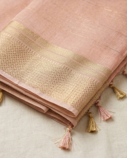 Light Pink Golden Checks Border Saree with Ready Blouse (SR-SP25)
