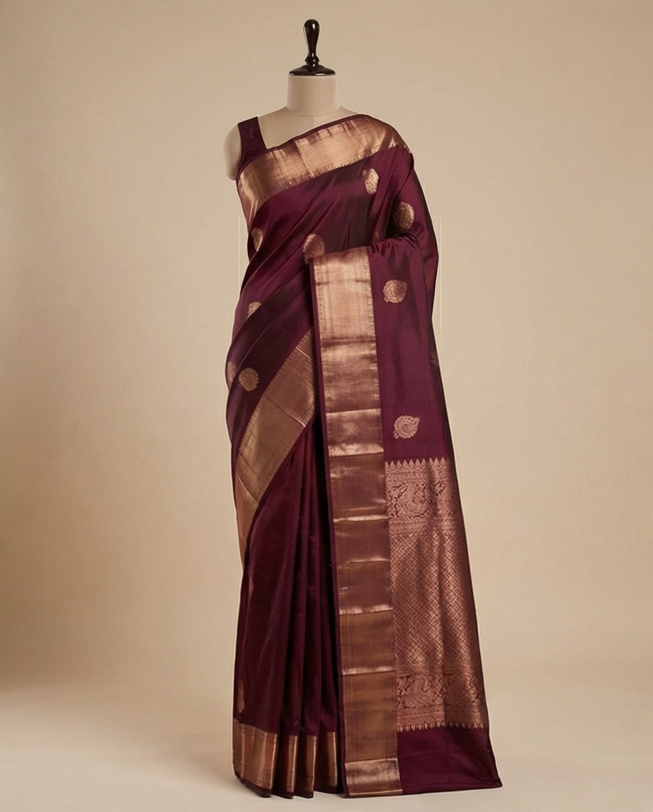 Deep Plum Banarasi Soft Silk Saree with Gold Zari Booti & Heavy Pallu - SR-KEP11