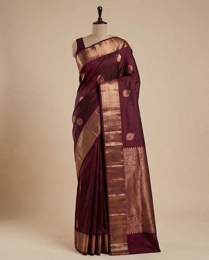 Deep Plum Banarasi Soft Silk Saree with Gold Zari Booti & Heavy Pallu - SR-KEP11