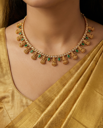Vintage Lakshmi and green stone Necklace with Earrings (NRW34)