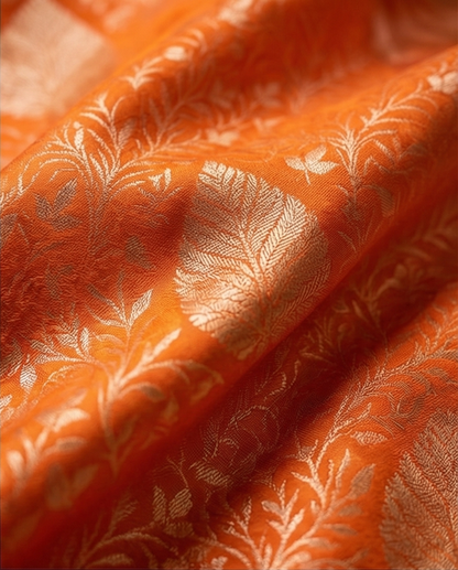 Orange Pure Kanchipuram Silk Saree with Silver‑Purple Zari Border & Intricate Floral Weave - SR-MSP31