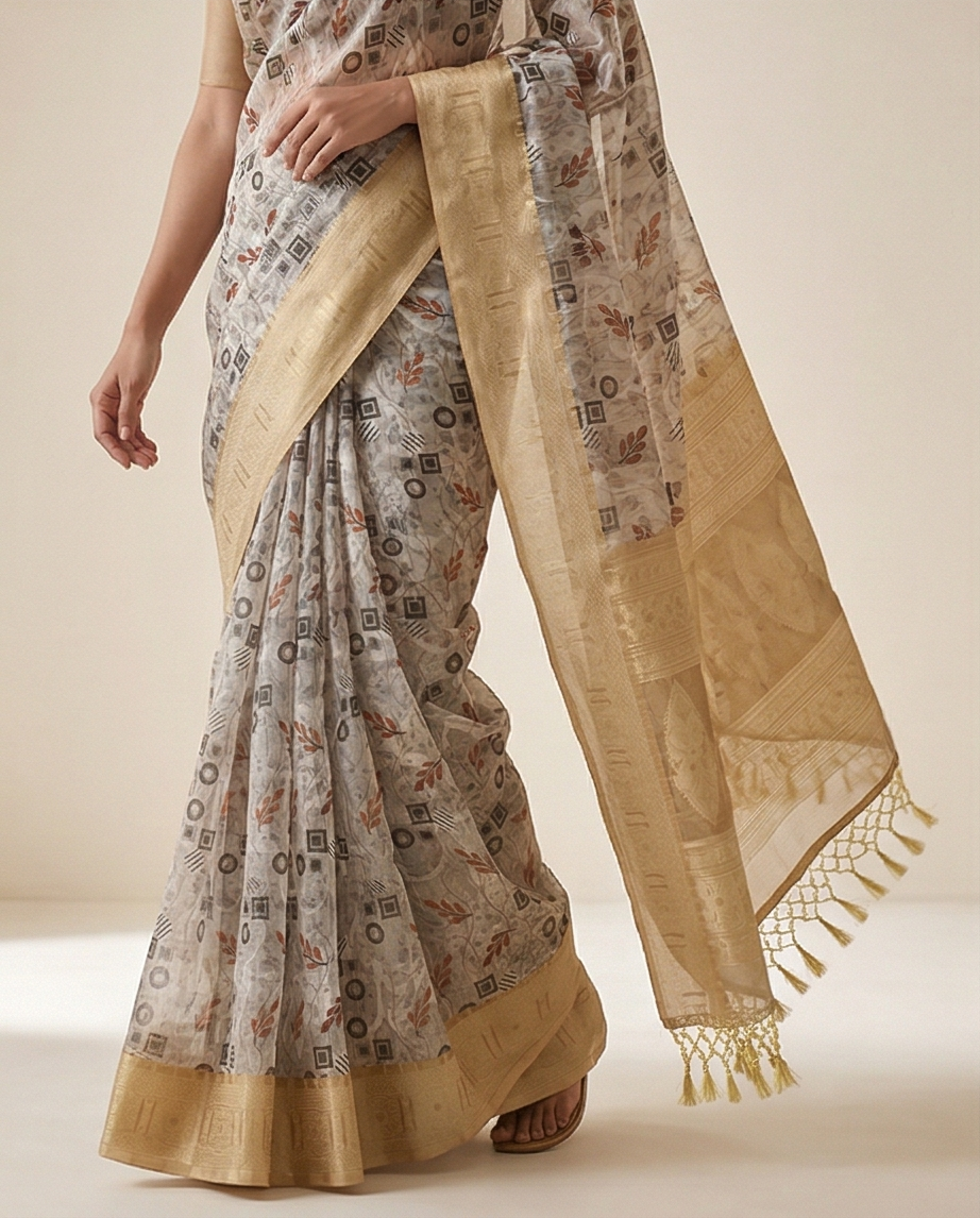 Cream Floral Printed Dyed Saree (SR-SP23)