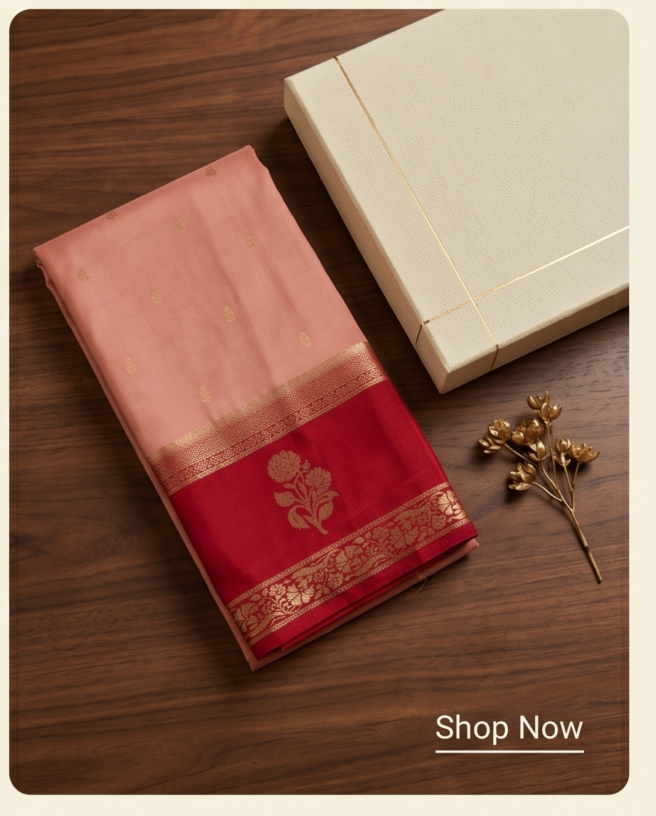 Mysore crepe flower pattern Peach with Red (SR-MSP27)