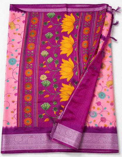 Beige with Dark Pink Floral Design Synthetic Saree (SR-SP33)