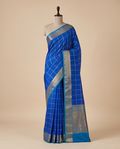 Classic Checkered Silk Saree with Grand Zari Border-blue with sky blue (SR-PSMP37)