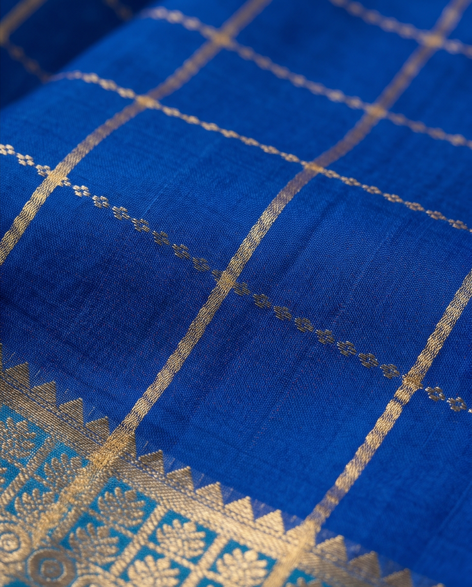 Classic Checkered Silk Saree with Grand Zari Border-blue with sky blue (SR-PSMP37)
