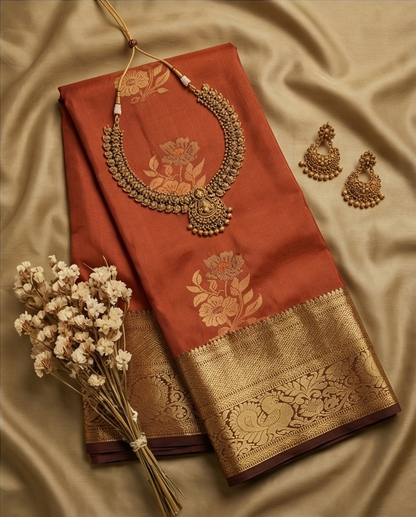 Rust Orange Semi Kanchipuram Silk Saree
