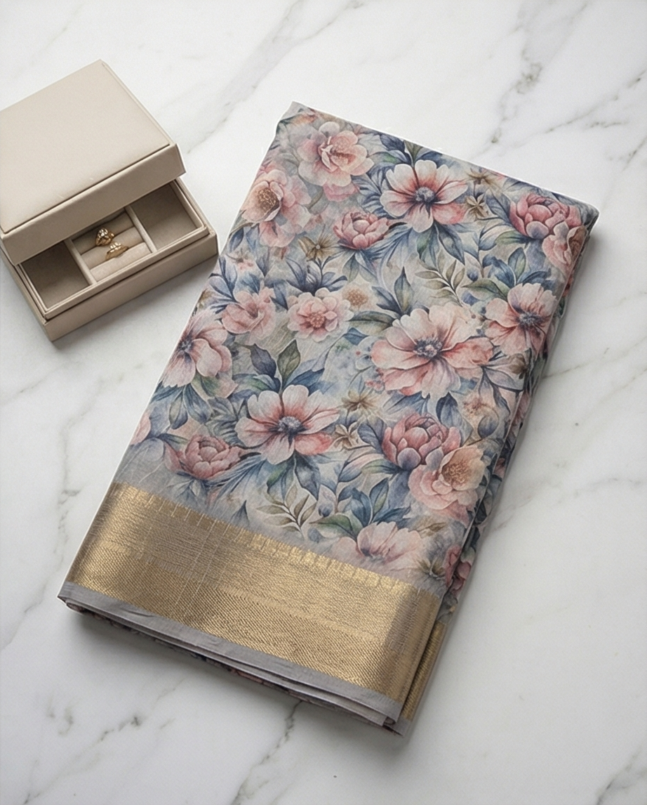 Grey Floral Synthetic Saree (SR-SP5)