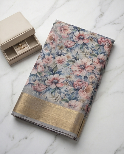 Grey Floral Synthetic Saree (SR-SP5)