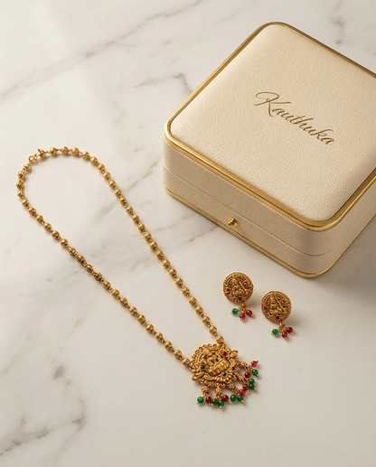 Lakshmi pendant golden beads choker with Earrings (NRW28)
