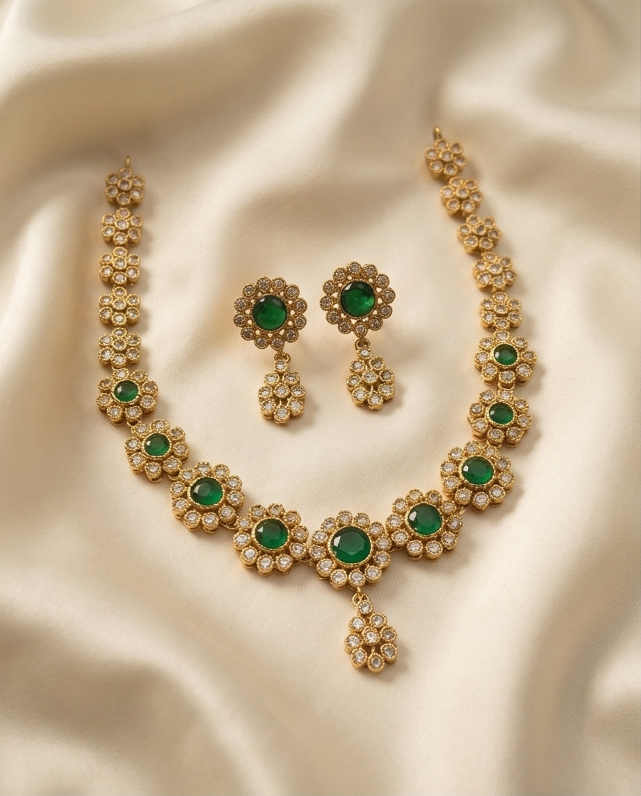 Stone Necklace with Earrings-Green (NRW46-2)