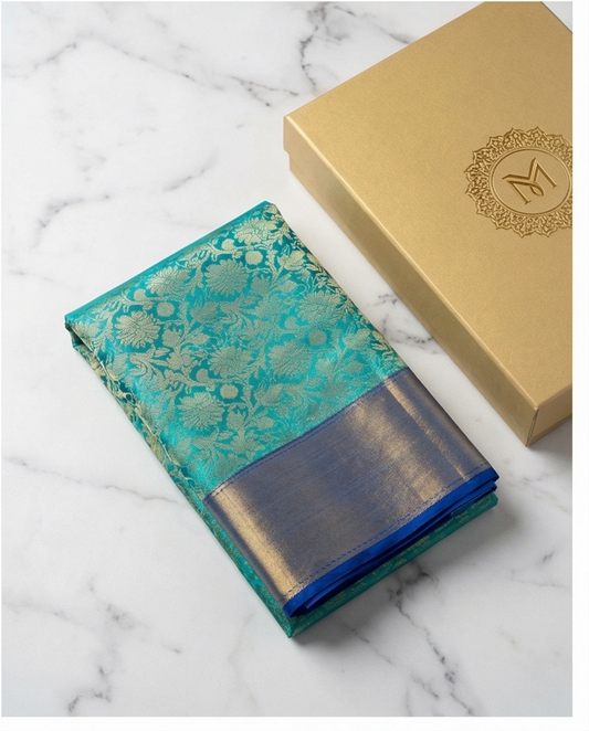 Teal Blue Banarasi Silk Saree with Gold Zari Border & Floral Jaal Weave - SR-SBP2