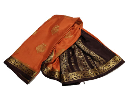 Pure Mysore Silk Saree with traditional elephant and floral designs(120gsm) - SR-PSMP4-Rust Orange & Gold