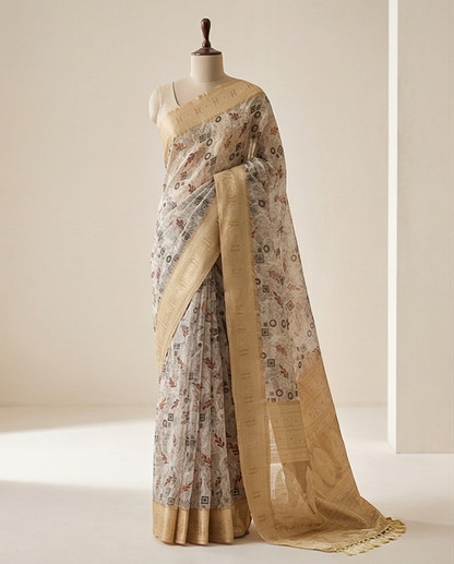 Cream Floral Printed Dyed Saree (SR-SP23)