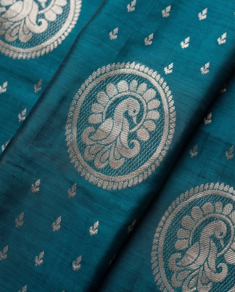 Teal Kanchipuram Silk Saree with Silver Motifs & Contrasting Magenta Zari Border - SR-MSP12