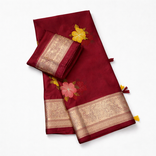 Organza Silk Saree with Multicolour Floral Embroidery & Gold Zari Border - SR-DFP3-Maroon