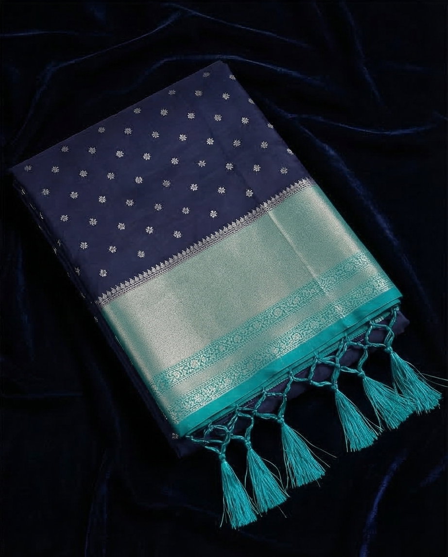 Dual‑tone semi silk saree with silver zari work (SR-MSP2)-Deep Navy Purple -Blue