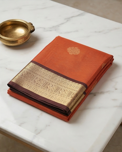 Orange Pure Kanchipuram Silk Saree with Intricate Golden Zari Motifs & Rich Traditional Border - SR-MSP42