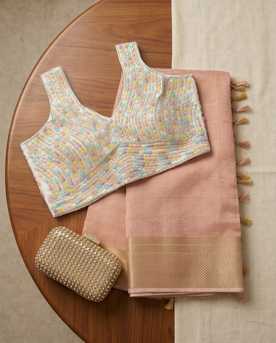 Light Pink Golden Checks Border Saree with Ready Blouse (SR-SP25)