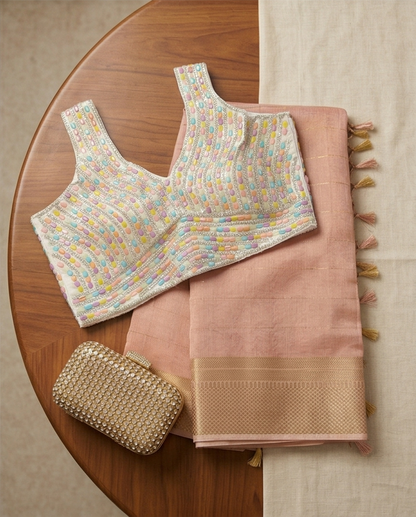 Light Pink Golden Checks Border Saree with Ready Blouse (SR-SP25)