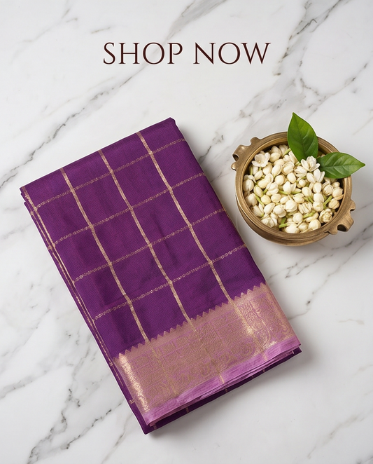 Classic Checkered Silk Saree with Grand Zari Border-purple with lavender (SR-PSMP29)