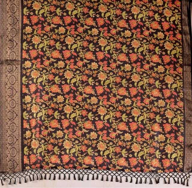 Black Lichi Silk Saree with Multicolour Floral Print & Dark Zari Border - SR-KEP13