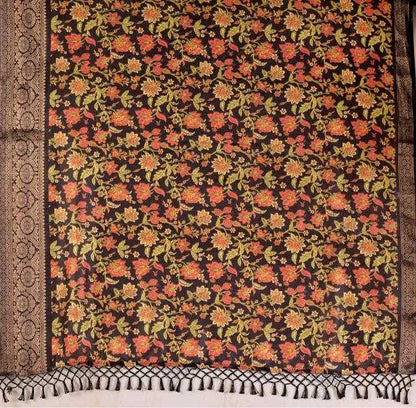 Black Lichi Silk Saree with Multicolour Floral Print & Dark Zari Border - SR-KEP13