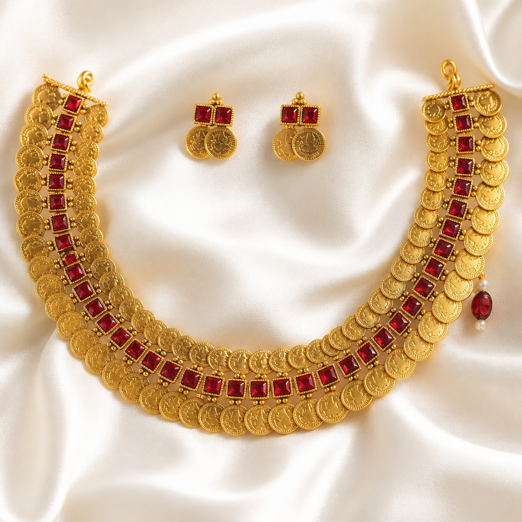 Lakshmi Kasu with Red square stone necklace with earrings (NRW-73)