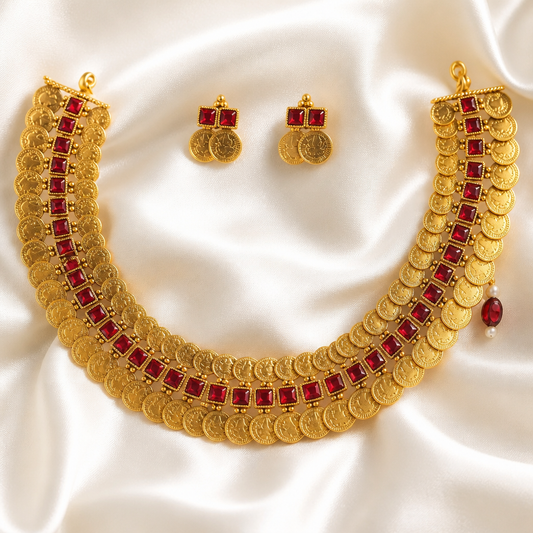 Lakshmi Kasu with Red square stone necklace with earrings (NRW-73)