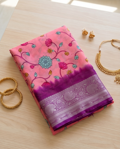 Beige with Dark Pink Floral Design Synthetic Saree (SR-SP33)