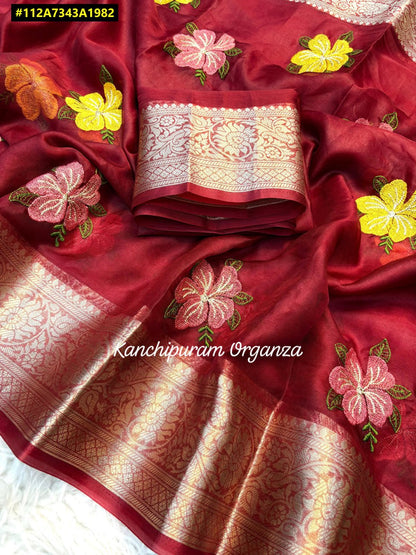 Organza Silk Saree with Multicolour Floral Embroidery & Gold Zari Border - SR-DFP3-Maroon