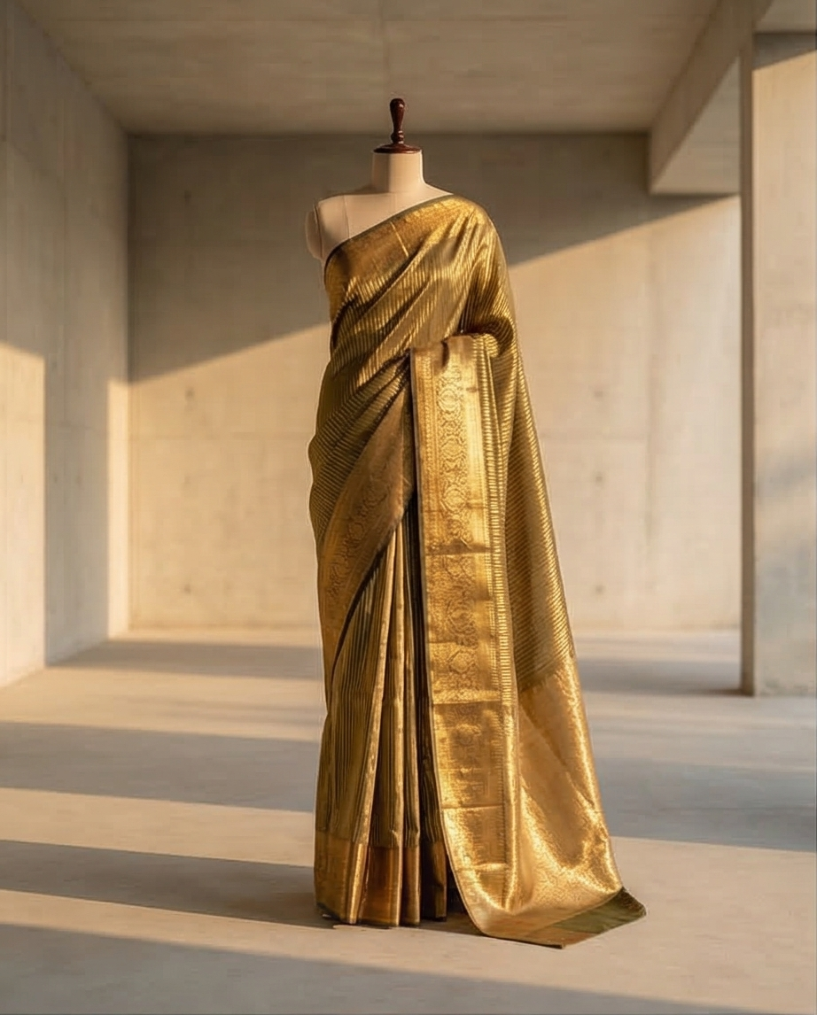 Mustard Gold Olive Green Semi Kanjivaram Silk Saree with Gold Zari Border
